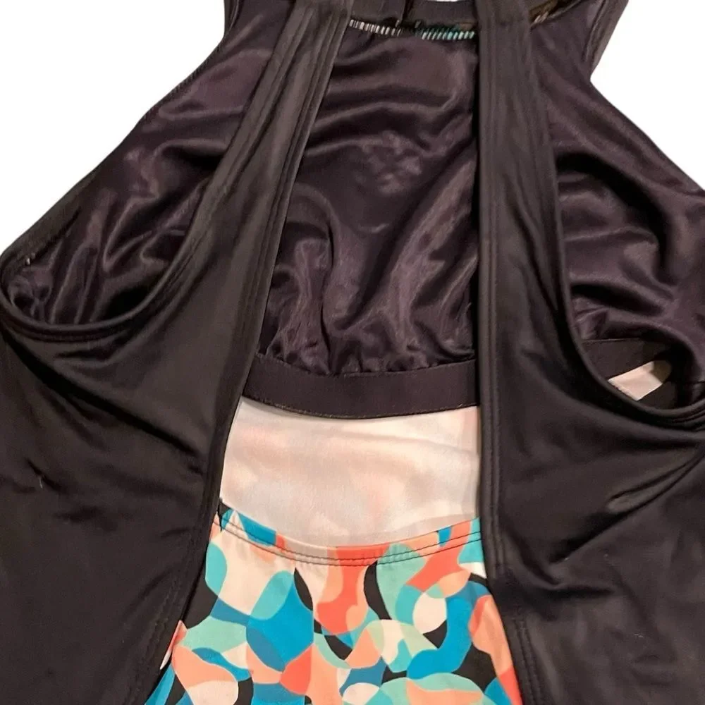 Lands End One Piece Swimsuit Colorful Patterned Bathing Suit Black Blue size 6L